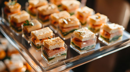 A top-down view of floating appetizers like mini sandwiches and cheese cubes on a serving tray with a layer of clear gel, creating an elegant presentationの素材