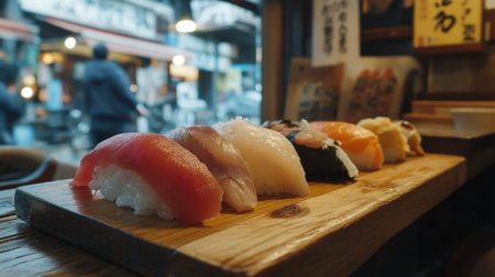 Close-up of a sushi platter with fresh fish, placed on a wooden table in a small Japanese eatery, surrounded by local shops.の素材