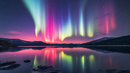 A wide-angle shot of the Northern Lights shimmering above a serene lake, with reflections of the colorful aurora on the water surfaceの素材