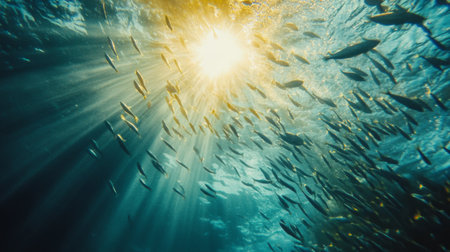 An underwater shot of a school of small fish creating a mesmerizing pattern as they move through the sunlight-dappled waters of a tropical lagoonの素材