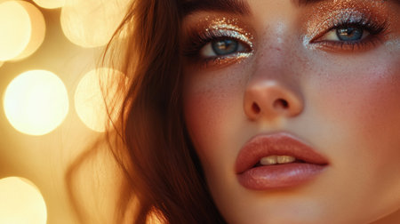 A woman with perfectly contoured cheeks and shimmering eyeshadow, her face clearly in focus against a blurred background.の素材