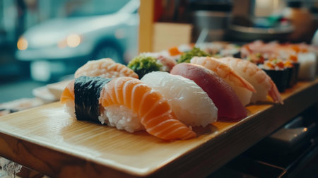 Close-up of a sushi platter with fresh fish, placed on a wooden table in a small Japanese eatery, surrounded by local shops.の素材