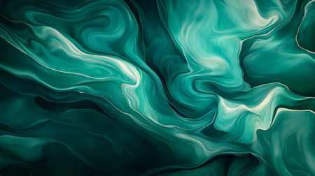 An abstract background with fluid shapes and waves in shades of green and teal, creating a sense of flow and movement.の素材