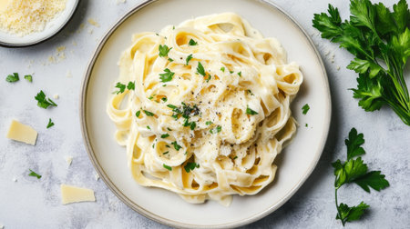 An overhead image of a beautifully plated pasta dish with creamy Alfredo sauce, garnished with fresh herbs and grated Parmesan.の素材