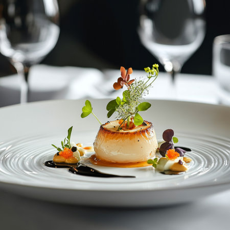 These prompts focus on capturing the beauty and artistry of elegantly plated dishes, highlighting their presentation and appeal.の素材