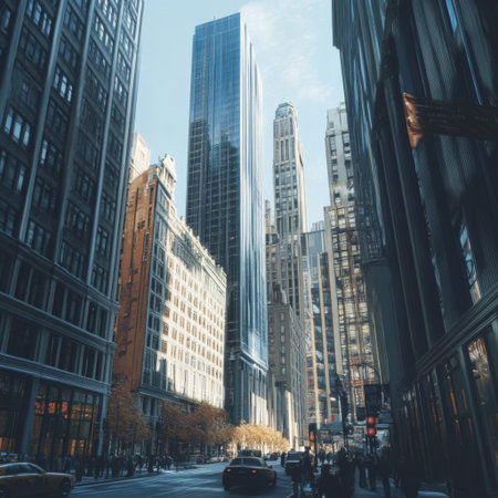 These prompts focus on the grandeur and modernity of tall buildings in the heart of a bustling city.の素材