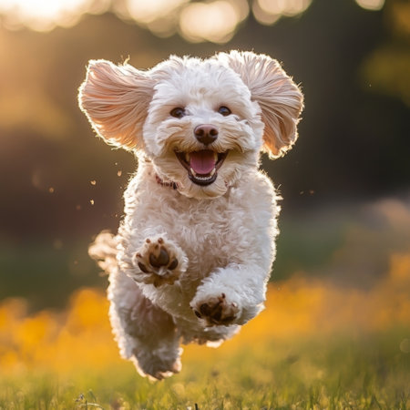 These prompts focus on capturing the energy and joy of dogs running and playing, emphasizing their cute and lively nature.の素材
