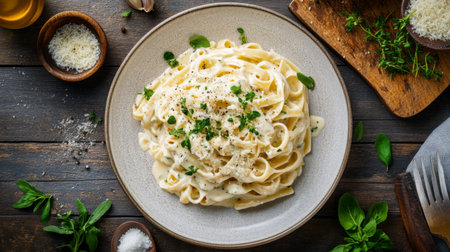 An overhead image of a beautifully plated pasta dish with creamy Alfredo sauce, garnished with fresh herbs and grated Parmesan.の素材