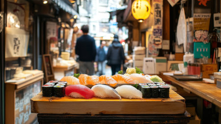 Close-up of a sushi platter with fresh fish, placed on a wooden table in a small Japanese eatery, surrounded by local shops.の素材