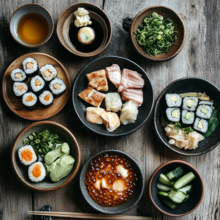 These prompts should give a good variety of images capturing the essence of nearby Japanese food settings.の素材