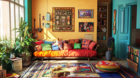A vibrant living room with colorful cushions, patterned rugs, and eclectic decor, creating a lively and playful atmosphere.の素材