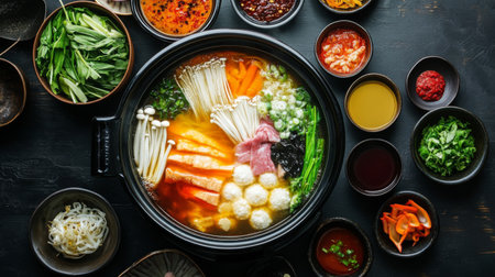 A top-down view of a shabu-shabu hot pot with a selection of colorful ingredients cooking in the broth, surrounded by dipping sauces and small bowls of condiments.の素材