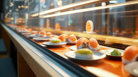 A sushi conveyor belt restaurant, with plates of sushi passing by, located in a shopping district with nearby attractions visible through the glass.の素材