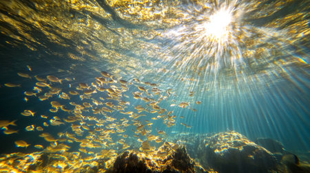 An underwater shot of a school of small fish creating a mesmerizing pattern as they move through the sunlight-dappled waters of a tropical lagoonの素材
