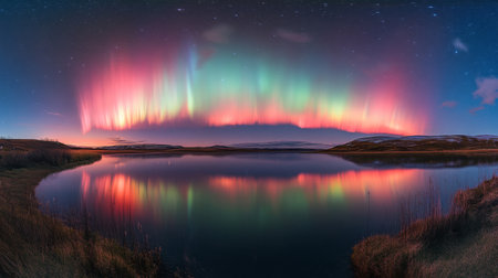 A wide-angle shot of the Northern Lights shimmering above a serene lake, with reflections of the colorful aurora on the water surfaceの素材