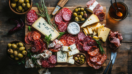 An overhead shot of a charcuterie board with an assortment of cheeses, cured meats, olives, and bread, set on a rustic wooden table.の素材