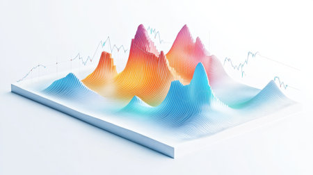 A 3D area chart with shaded regions and trend lines, representing financial data over time, set against a white background, capturing the overall financial performance.の素材