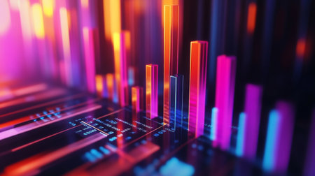 A 3D bar graph with animated data transitions, showing changes in business performance with a dynamic and engaging visual effect.の素材