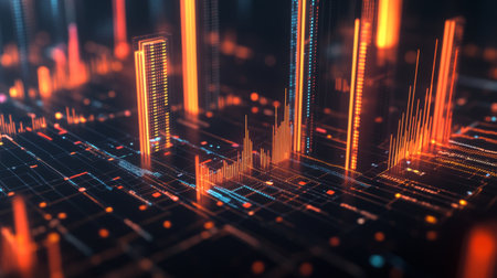 A 3D bar chart with glowing edges and interactive data points, set against a dark background to highlight detailed business statistics.の素材