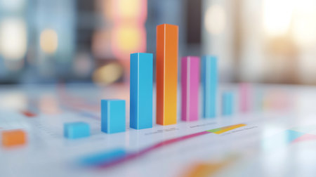 A 3D bar graph with a focus on a single, highlighted bar against the others, showing detailed financial data with a modern, white backdrop.の素材