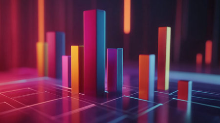 A 3D bar graph with animated data transitions, showing changes in business performance with a dynamic and engaging visual effect.の素材