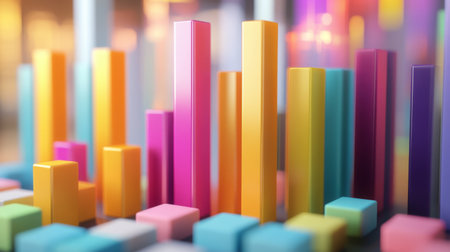 A 3D bar graph with stacked bars in different colors, representing multiple data sets and business categories, creating a comprehensive visual display.の素材