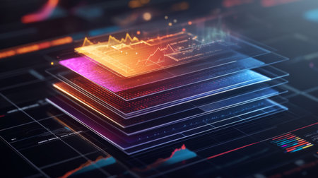 A 3D stacked area chart with multiple layers, each layer in different shades, showing detailed business data and trends in a visually striking manner.の素材