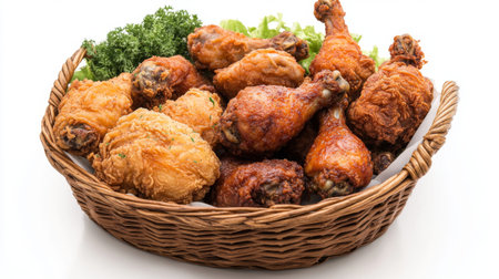 A basket of assorted fried chicken pieces, including drumsticks and wings, on a white background with a few garnishes for a complete presentation.の素材