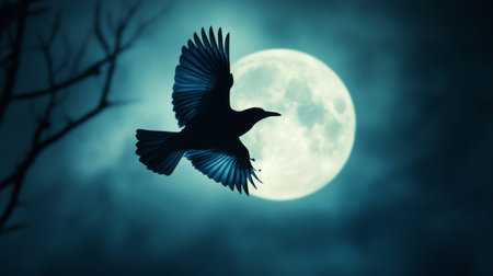 A bird in flight, its silhouette set against a bright full moon, creating a mysterious and serene atmosphere.の素材