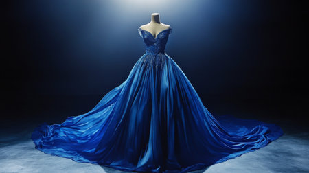 A blue evening dress on a mannequin, with intricate details and a flowing fabric, captured in a well-lit studio setting to highlight its elegant colorの素材