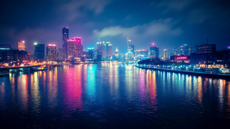 A city skyline illuminated with bright lights and reflections on a river, capturing the vibrant nightlife and urban glow against a dark night sky.の素材