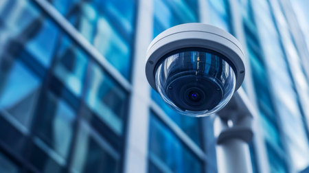 A CCTV camera installed on the exterior of a commercial building, capturing a wide-angle view of the surrounding area with a focus on security and surveillance.の素材