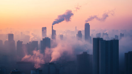 A city skyline with hazy, polluted air and smog covering the buildings, emphasizing the connection between urban pollution and global warming.の素材