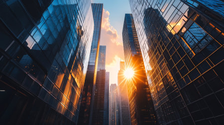 A city skyline with the sun emerging between tall buildings, creating a contrast of shadows and light, and reflecting off the windows of the high-rises.の素材