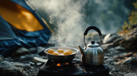 A camping stove cooking breakfast outside a tent, with a kettle steaming and eggs frying, capturing the essence of morning in the wilderness.の素材