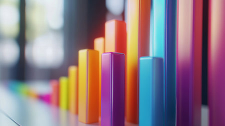 A close-up of a 3D bar graph with animated effects, showing increasing values in different colors and highlighting a specific data set on a white surface.の素材
