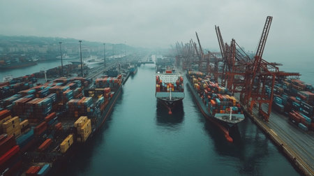 A busy port with cargo ships and containers being unloaded, showcasing the scale of maritime transportation and logistics operations.の素材