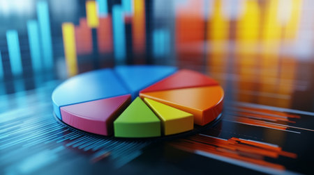 A close-up of a 3D pie chart with segmented slices in various colors, visually representing different business sectors, floating over a modern background.の素材