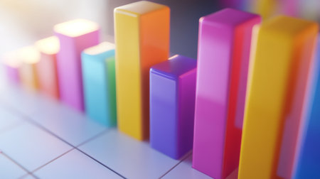 A close-up of a 3D bar graph with animated effects, showing increasing values in different colors and highlighting a specific data set on a white surface.の素材