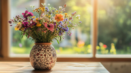 A ceramic vase with intricate patterns, filled with a mix of colorful wildflowers, placed on a wooden table in a bright, natural light setting.の素材