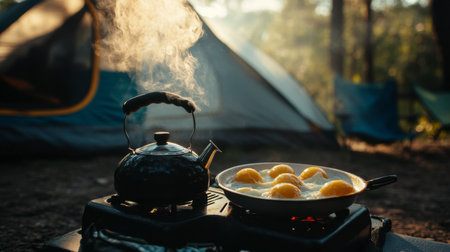 A camping stove cooking breakfast outside a tent, with a kettle steaming and eggs frying, capturing the essence of morning in the wilderness.の素材