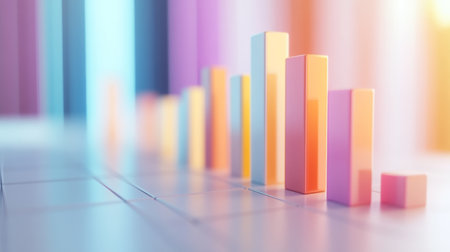 A close-up of a 3D bar graph with animated effects, showing increasing values in different colors and highlighting a specific data set on a white surface.の素材