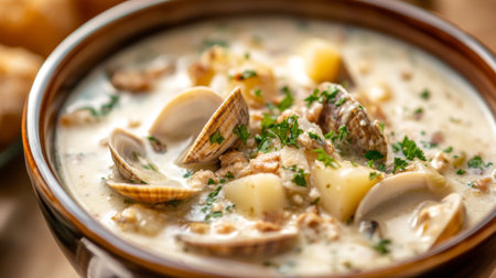A close-up of a bowl of creamy clam chowder with chunks of clams, potatoes, and a sprinkle of fresh parsley on top.の素材