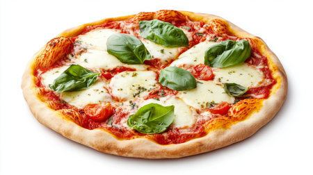 A classic Margherita pizza with fresh basil, mozzarella, and tomato sauce, placed on a clean white background, showcasing its vibrant colors.の素材