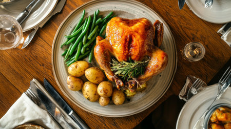 An overhead view of a Western-style roasted chicken dinner with a side of baked potatoes and steamed green beans, elegantly plated on a dinner table.の素材