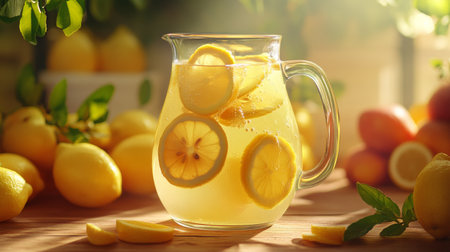 A clear pitcher of freshly squeezed lemonade with lemon slices floating inside, placed on a wooden table with a backdrop of summer fruits.の素材