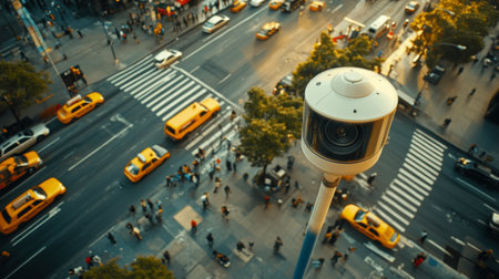 A CCTV camera on a street corner overlooking a busy urban area, capturing traffic and pedestrians, emphasizing urban security and surveillance.の素材