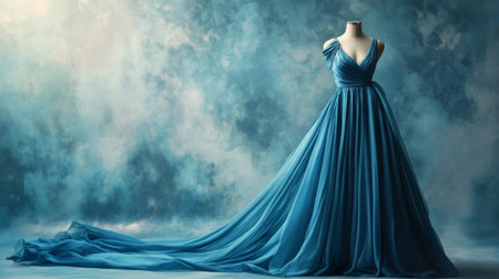 A blue evening dress on a mannequin, with intricate details and a flowing fabric, captured in a well-lit studio setting to highlight its elegant colorの素材