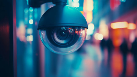 A CCTV camera lens in focus, with the background softly blurred, emphasizing the clarity and precision of surveillance technology.の素材