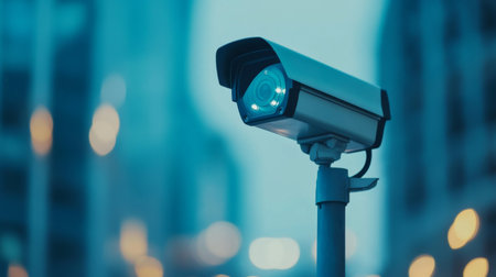 A CCTV camera with a sleek, modern design, mounted on a metal pole, set against a blurred background, emphasizing security and monitoring.の素材